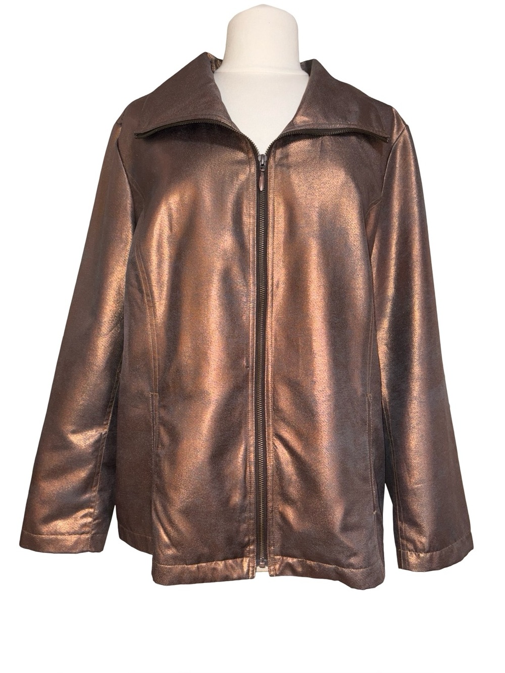 Chico’s Metallic Bronze Zip Front Jacket Women’s Size 3 Lightweight Shimmer